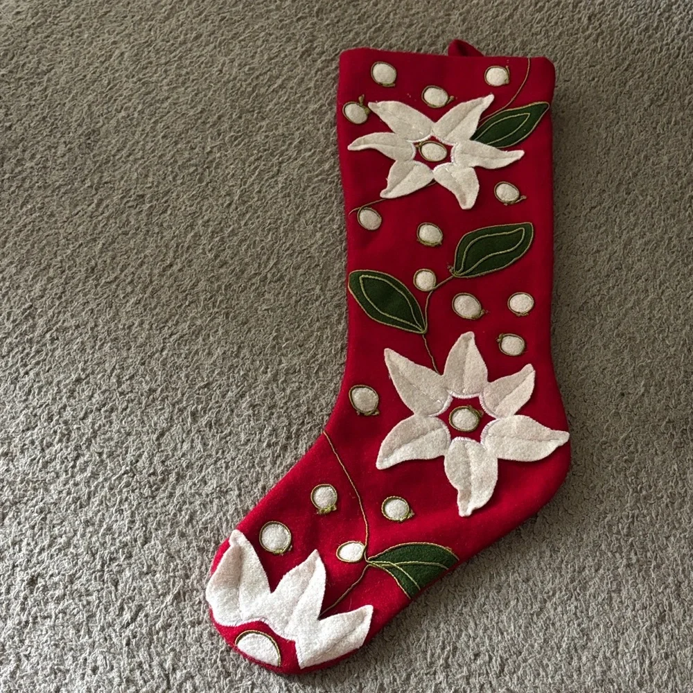 Crate&Barrel Tidings Red Stocking with White Floral Accents (11” X 21” inches)